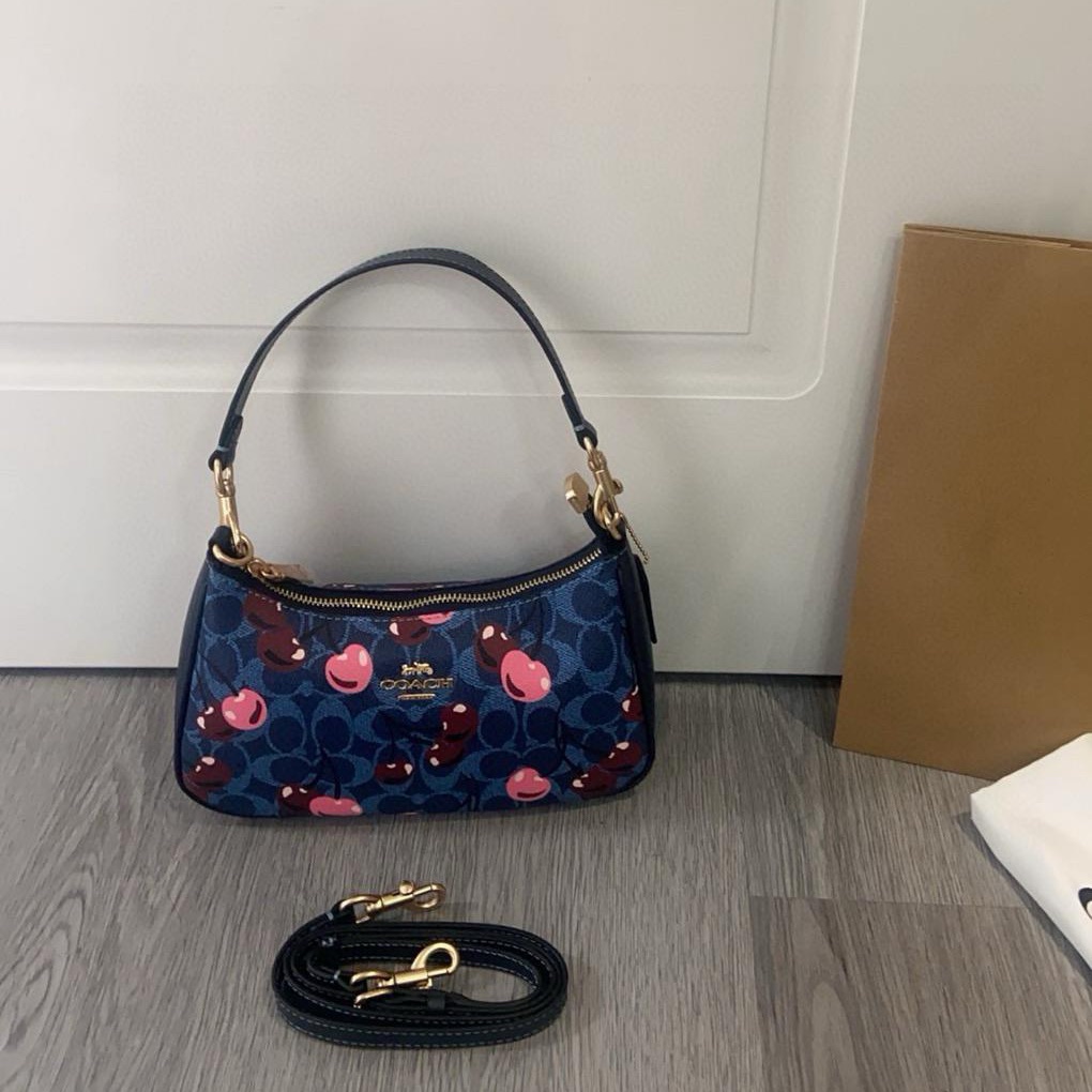 Coach Navy Blue Floral Signature Small Shoulder Bag With Pink Accents
